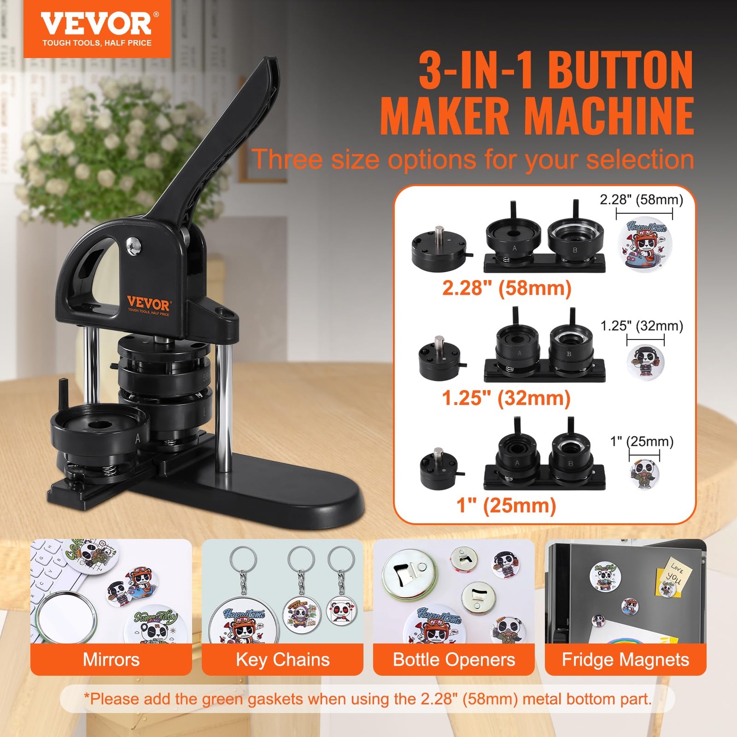 VEVOR Button Maker 3-in-1 w/ 300pcs Button Parts
